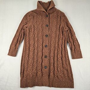J Jill Womens Sweater XL Cardigan Cable Knit Long Line Shawl Collar Button Brown